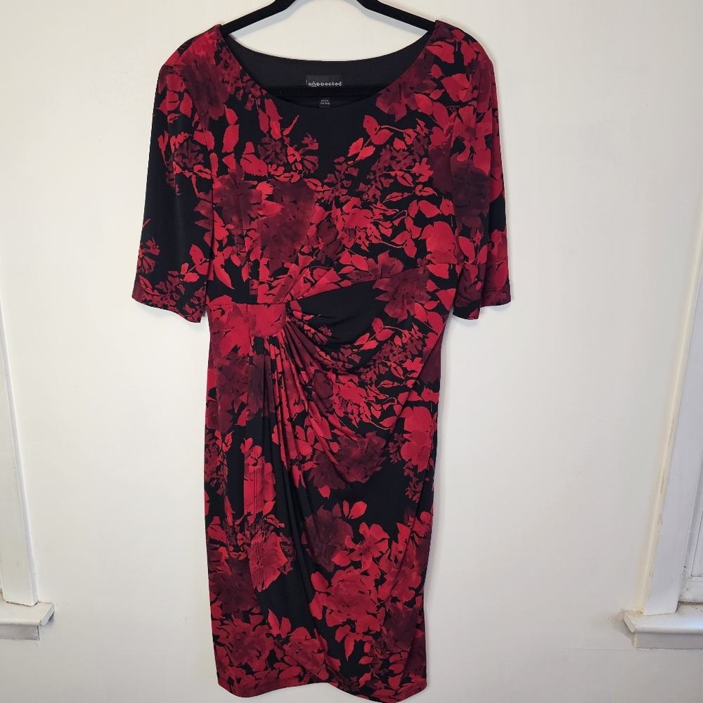 Connected Apparel Red Floral Faux Wrap Midi Dress Size 12 - Picture 2 of 11